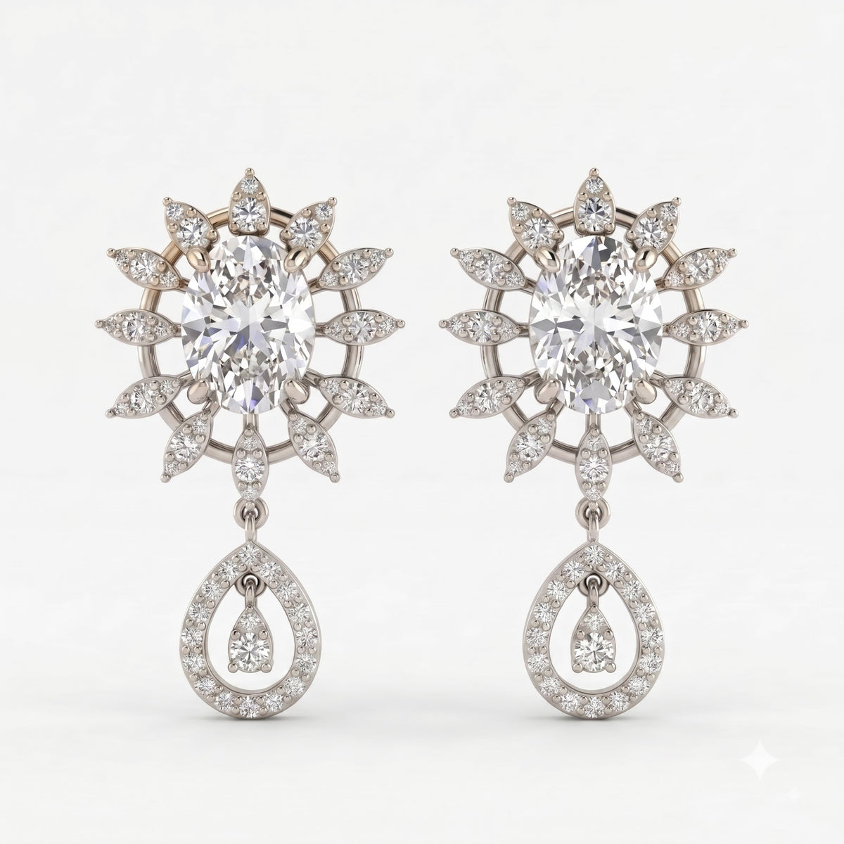 Oval Cut Diamond Sunburst Drop Earrings