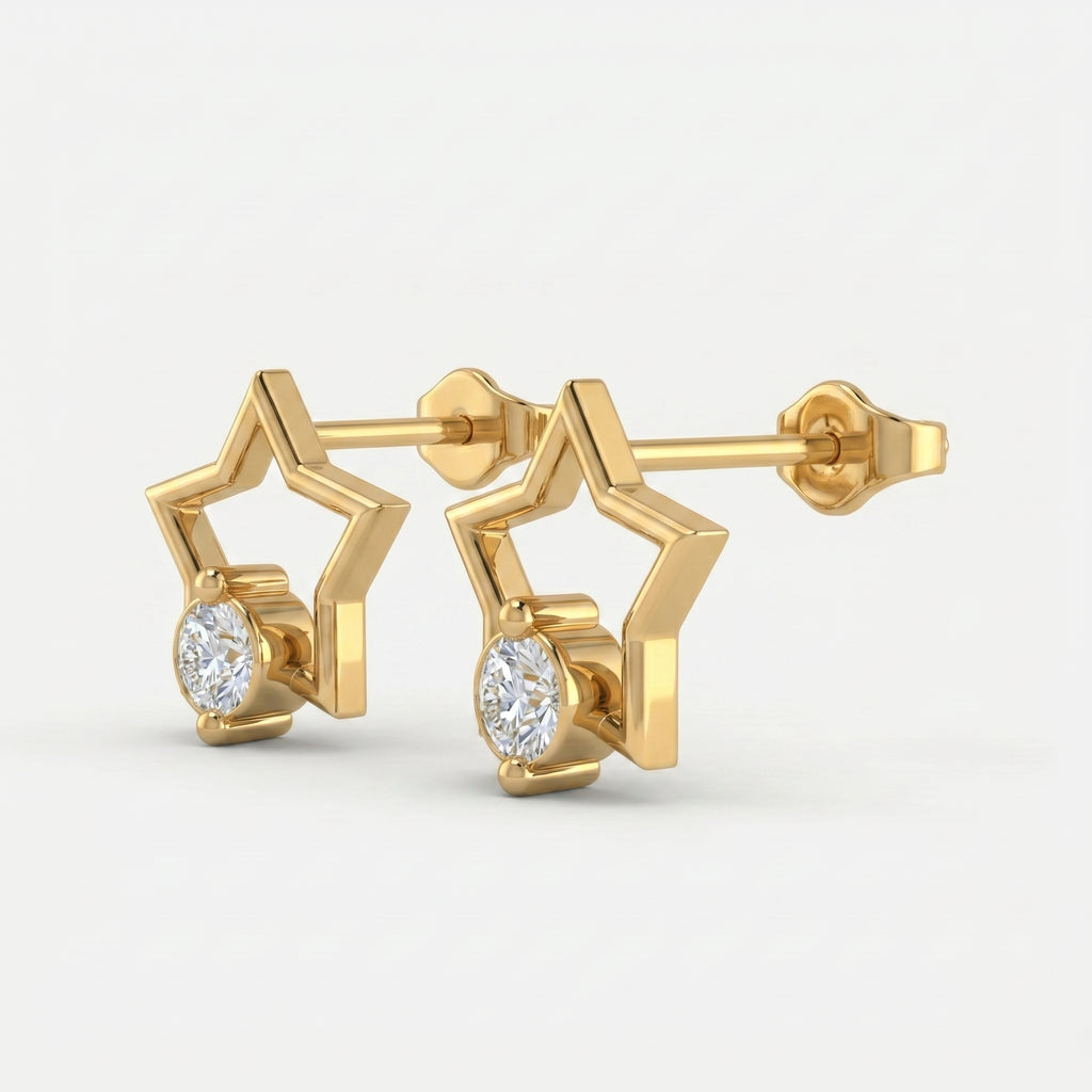 Minimalist gold star earrings with sparkling round gemstone in premium angled studio product photo