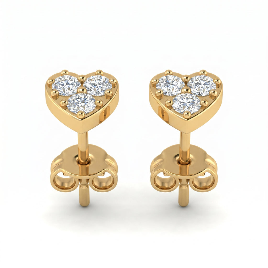 Luxury yellow gold heart diamond stud earrings at 45-degree angle with brilliant-cut diamonds