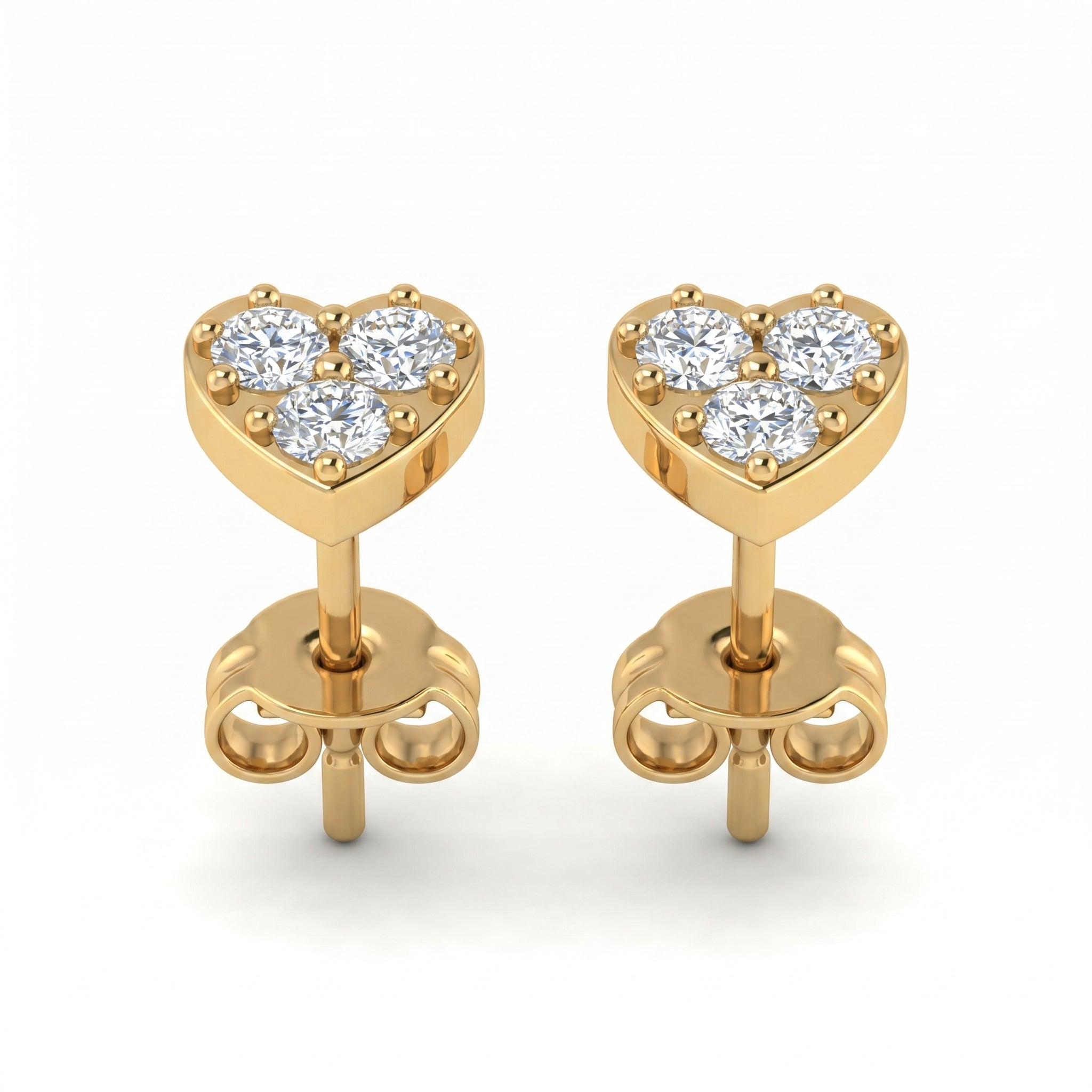 Luxury yellow gold heart diamond stud earrings at 45-degree angle with brilliant-cut diamonds