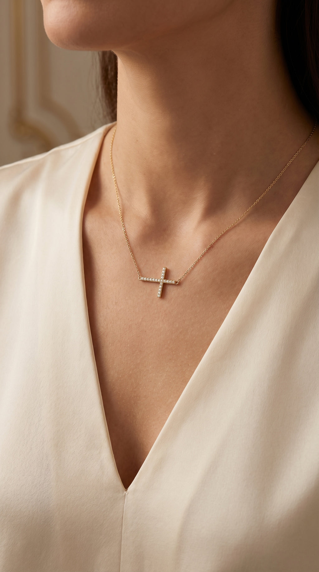 Side Way Cross Round Diamond Necklace