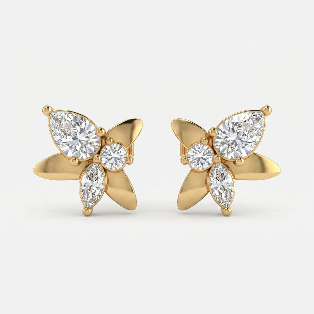 Butterfly diamond stud earrings in yellow gold with pear, marquise and round lab-grown diamonds