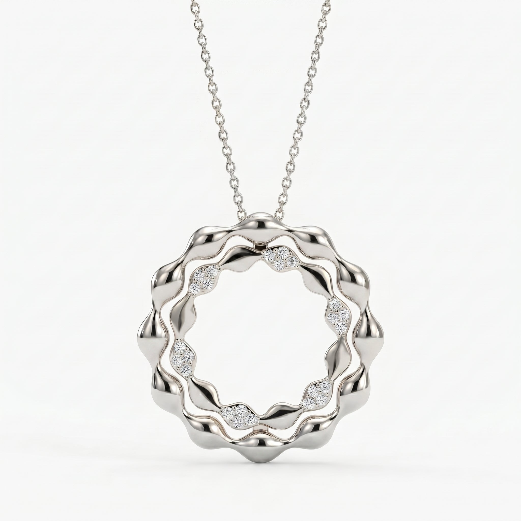 Elegant Diamond Wave Circle Pendant Necklace