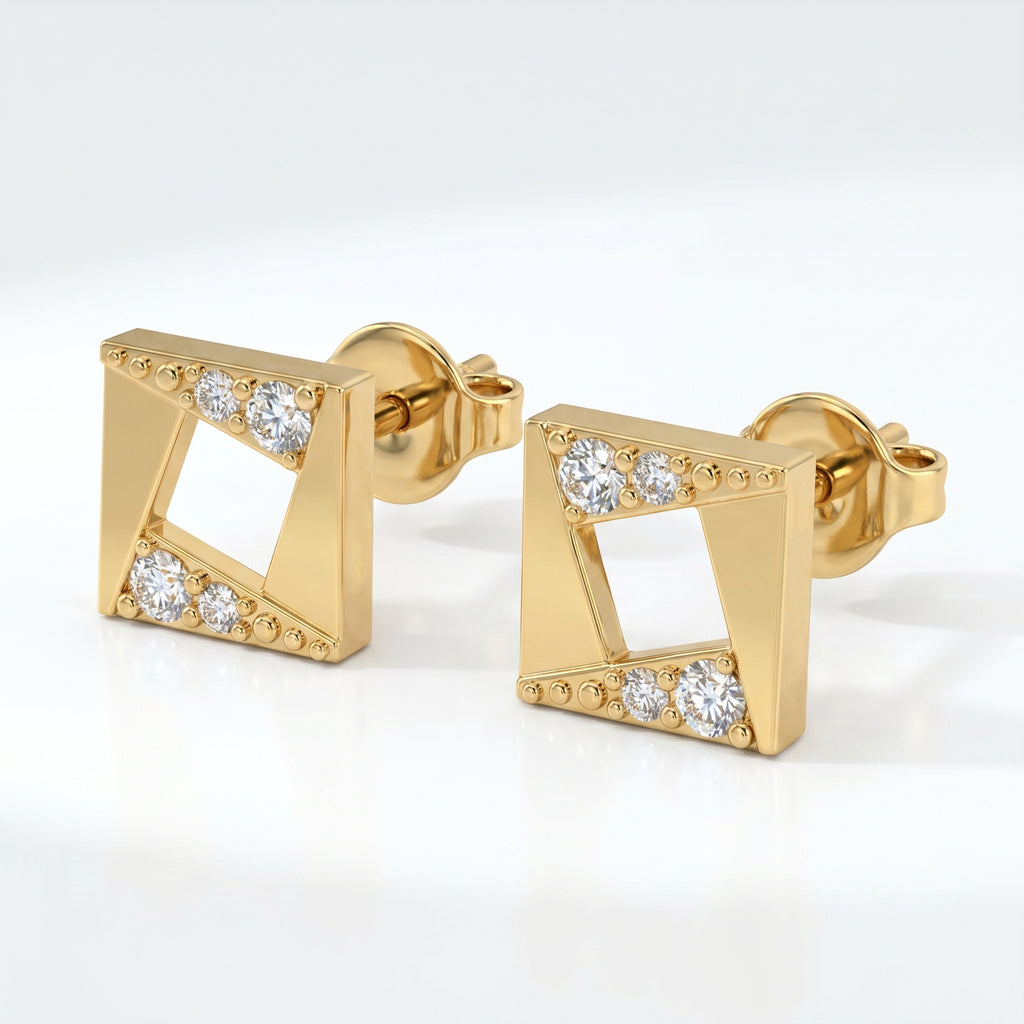 Close-up macro detail of geometric rose gold earrings with pavé diamonds and polished luxury finish