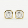 Gold earrings with Ascher-cut gemstones on a white background