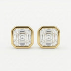 Gold earrings with Ascher-cut gemstones on a white background
