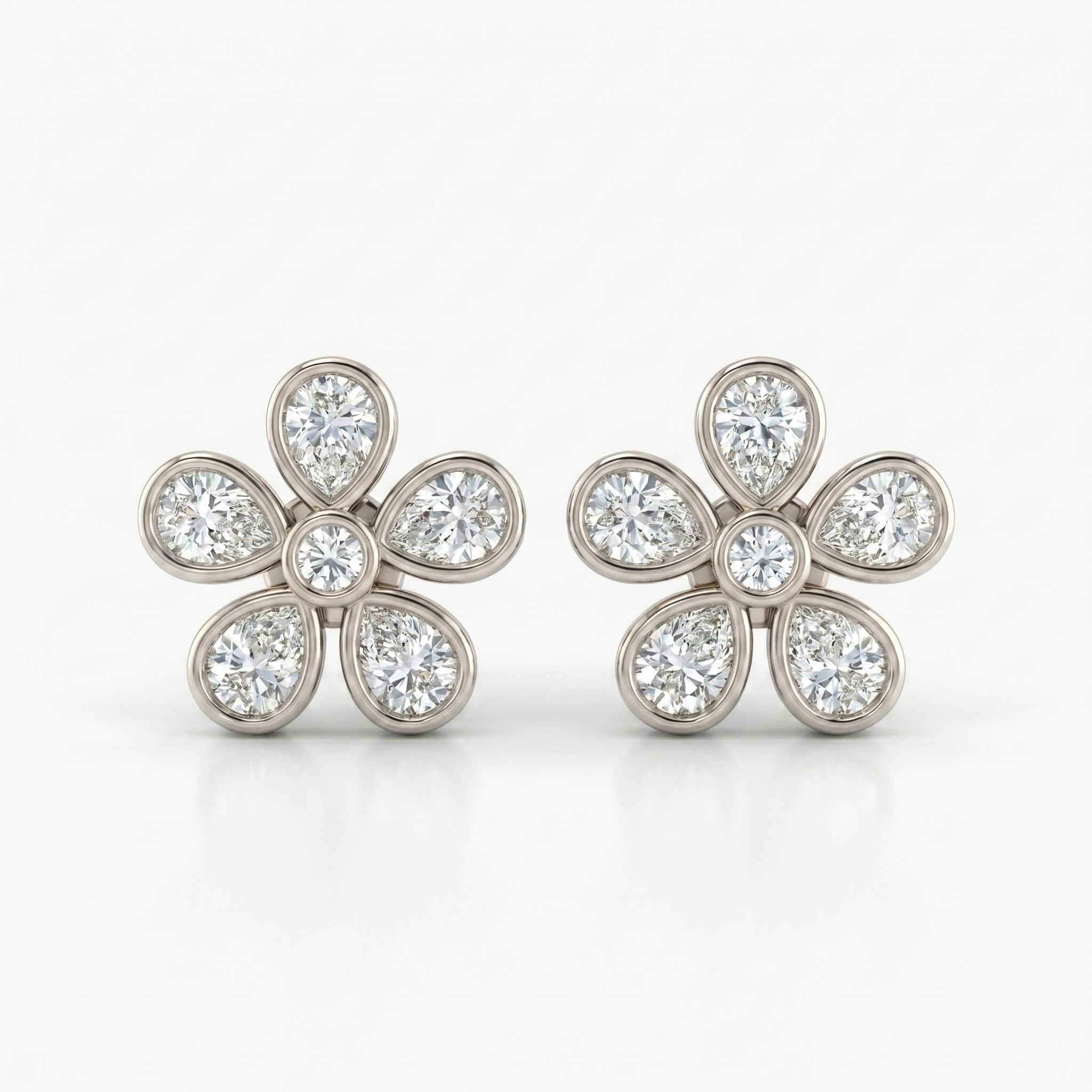 Luxury diamond flower stud earrings in rose gold shown at 45-degree angle with sparkling pear-cut diamonds