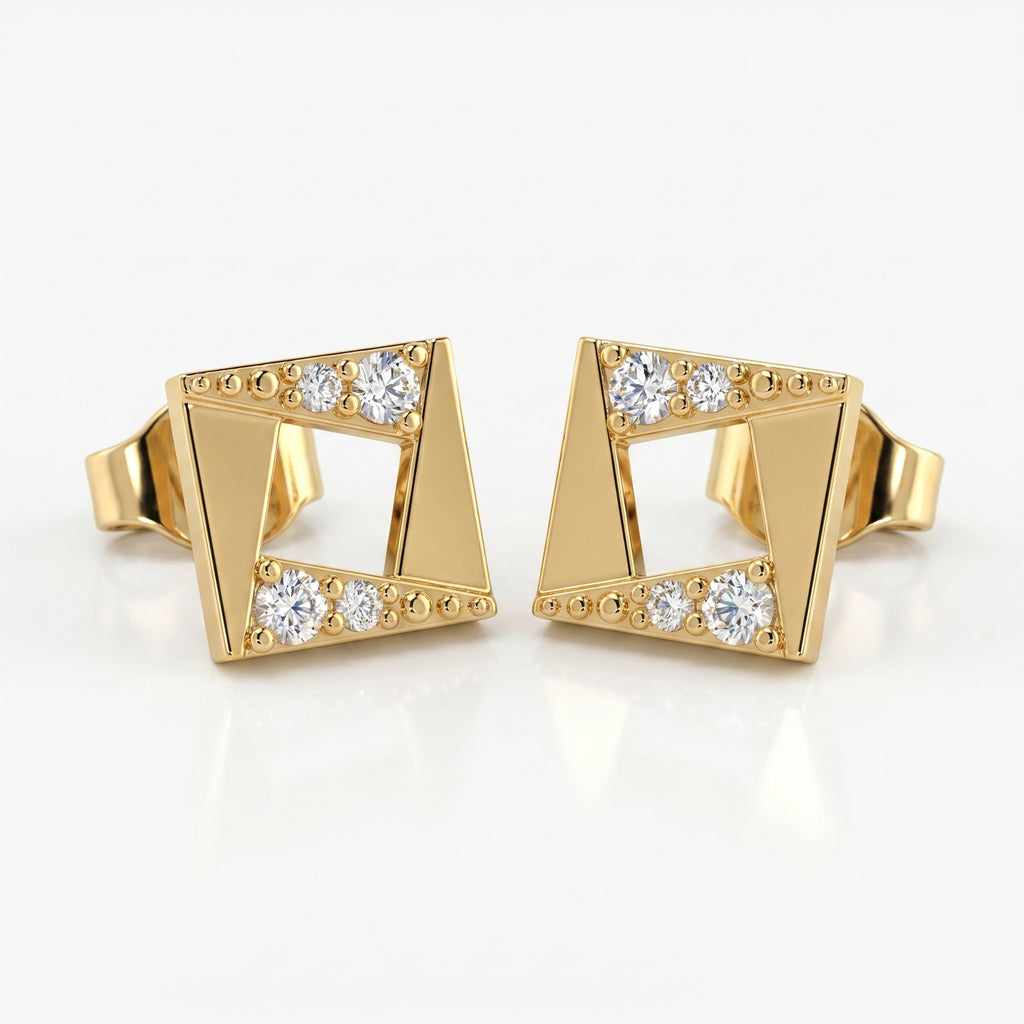 Luxury geometric diamond stud earrings presented in premium gift box for elegant jewelry gifting