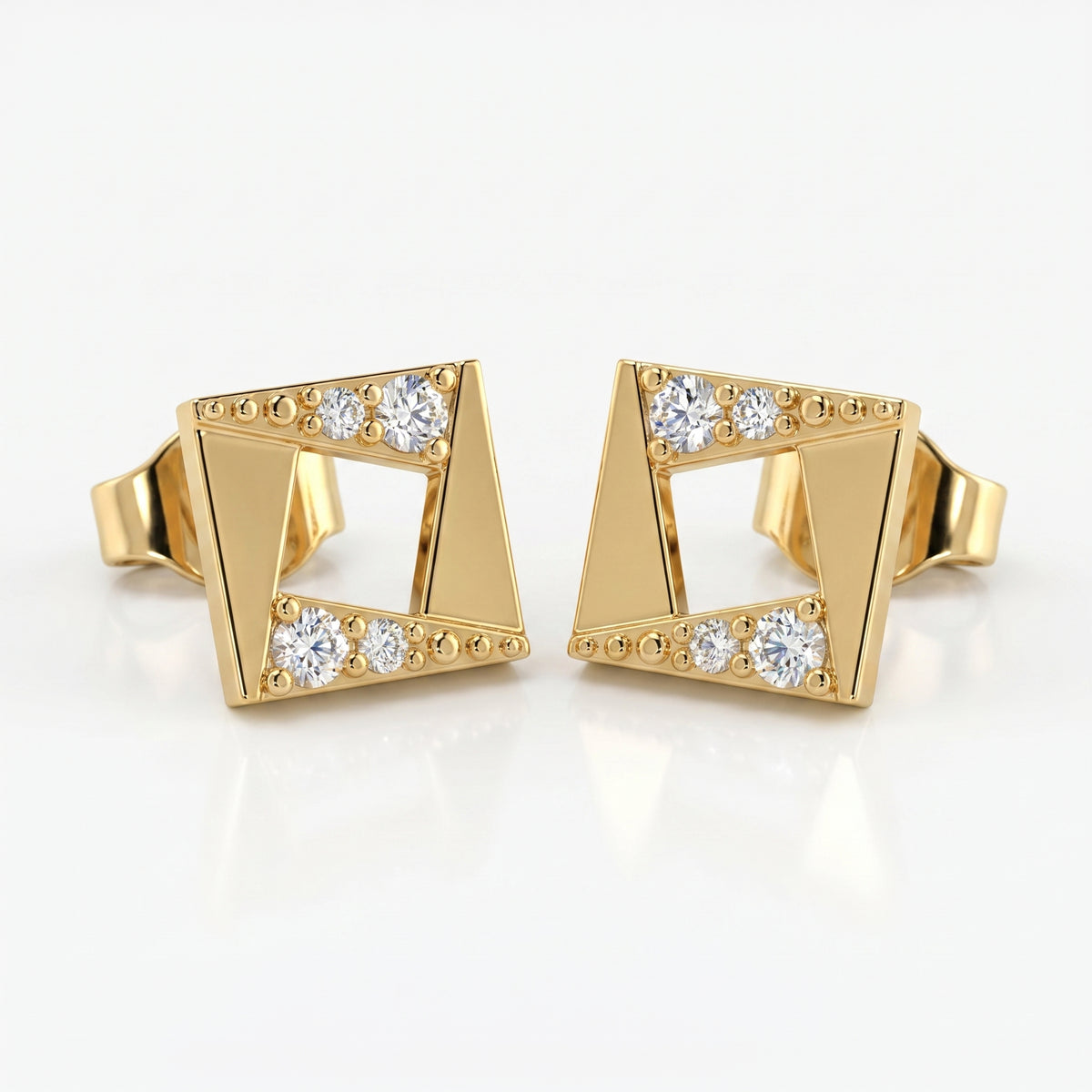 Luxury geometric diamond stud earrings presented in premium gift box for elegant jewelry gifting