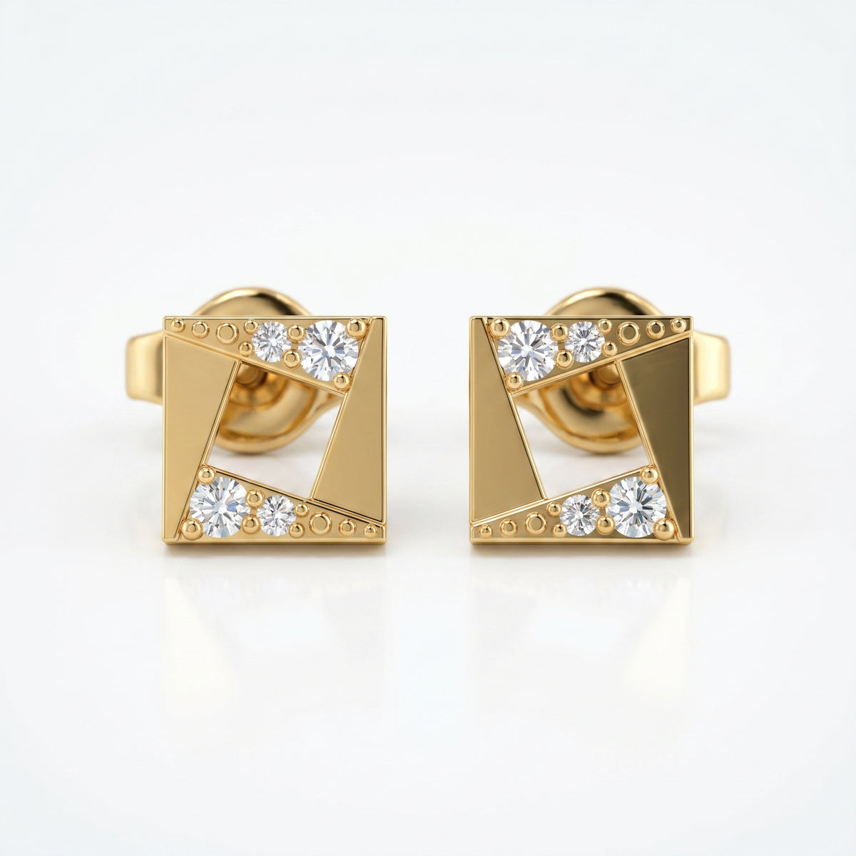 Close-up macro detail of geometric rose gold earrings with pavé diamonds and polished luxury finish