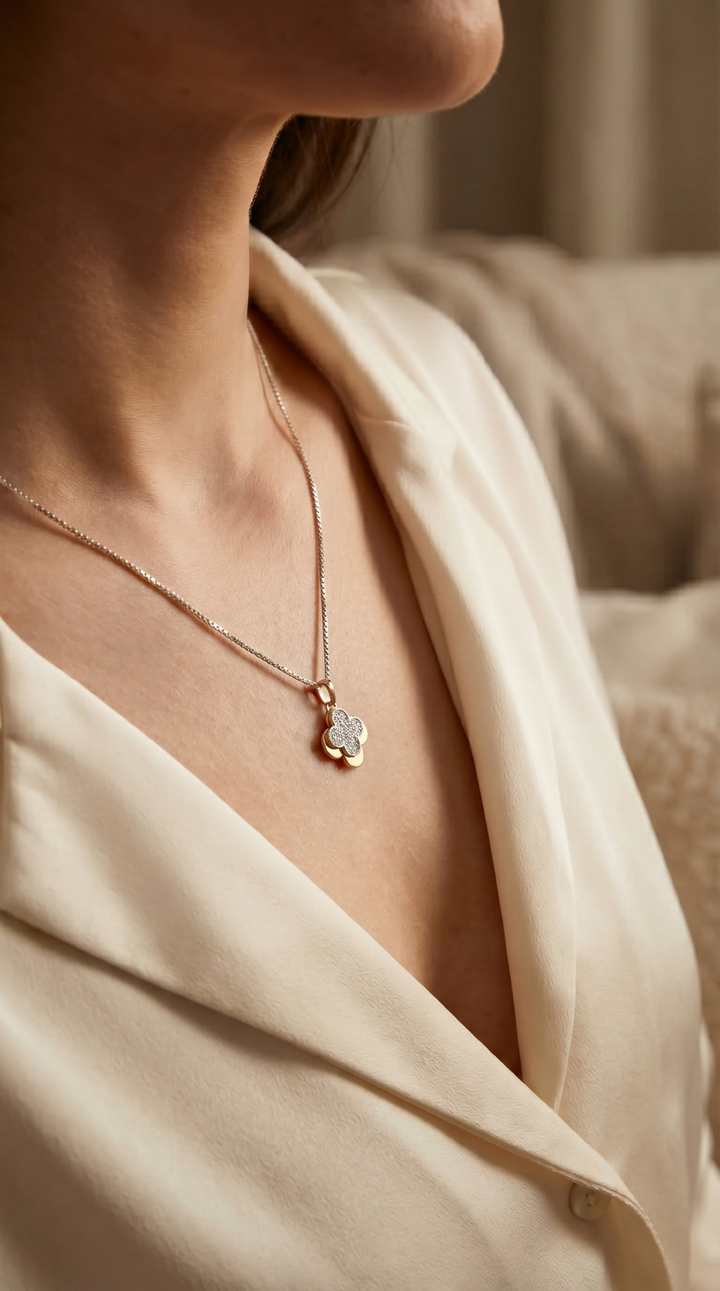 Elegant Pave Two-Tone Clover Diamond Pendant Necklace