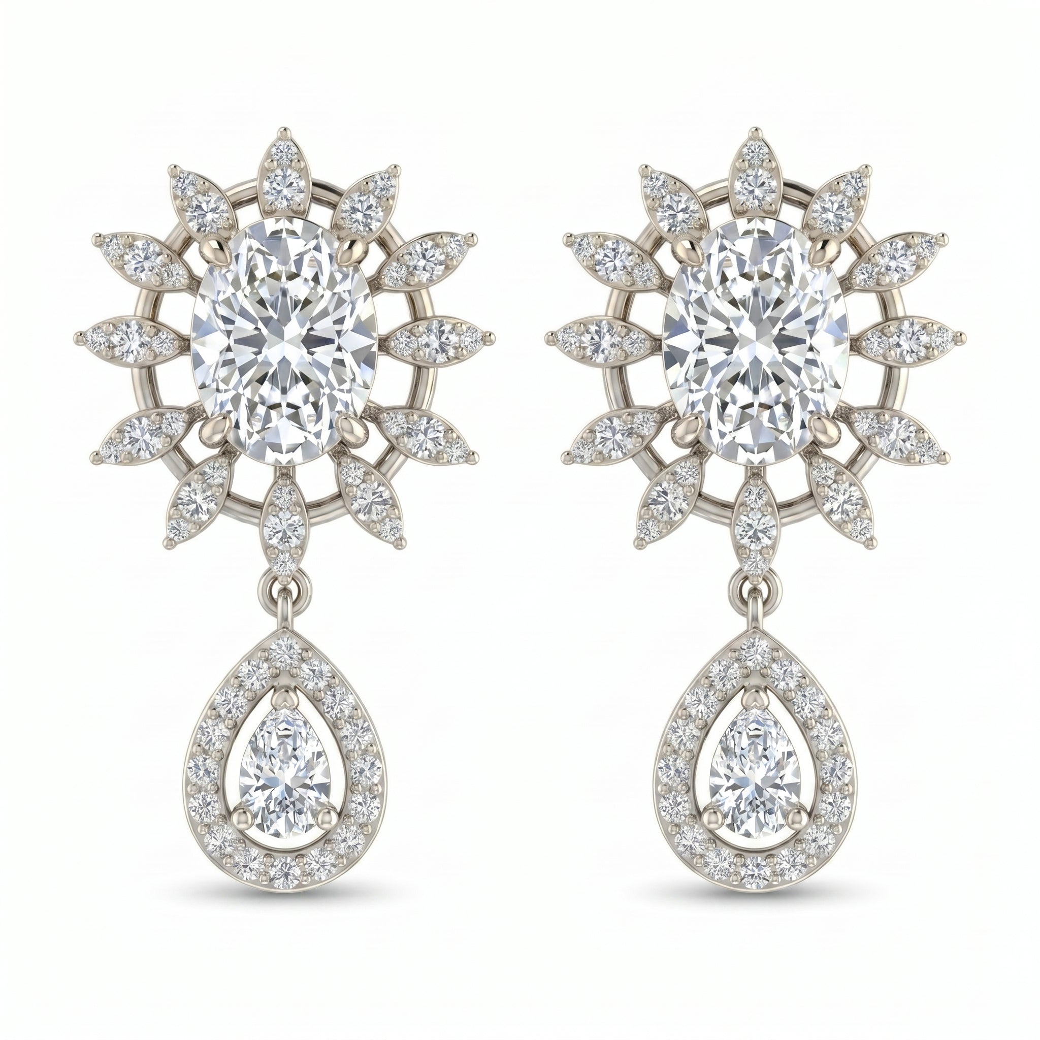 Luxury White gold floral earrings at 45-degree angle showing pavé halo detail and pear-shaped drop accents