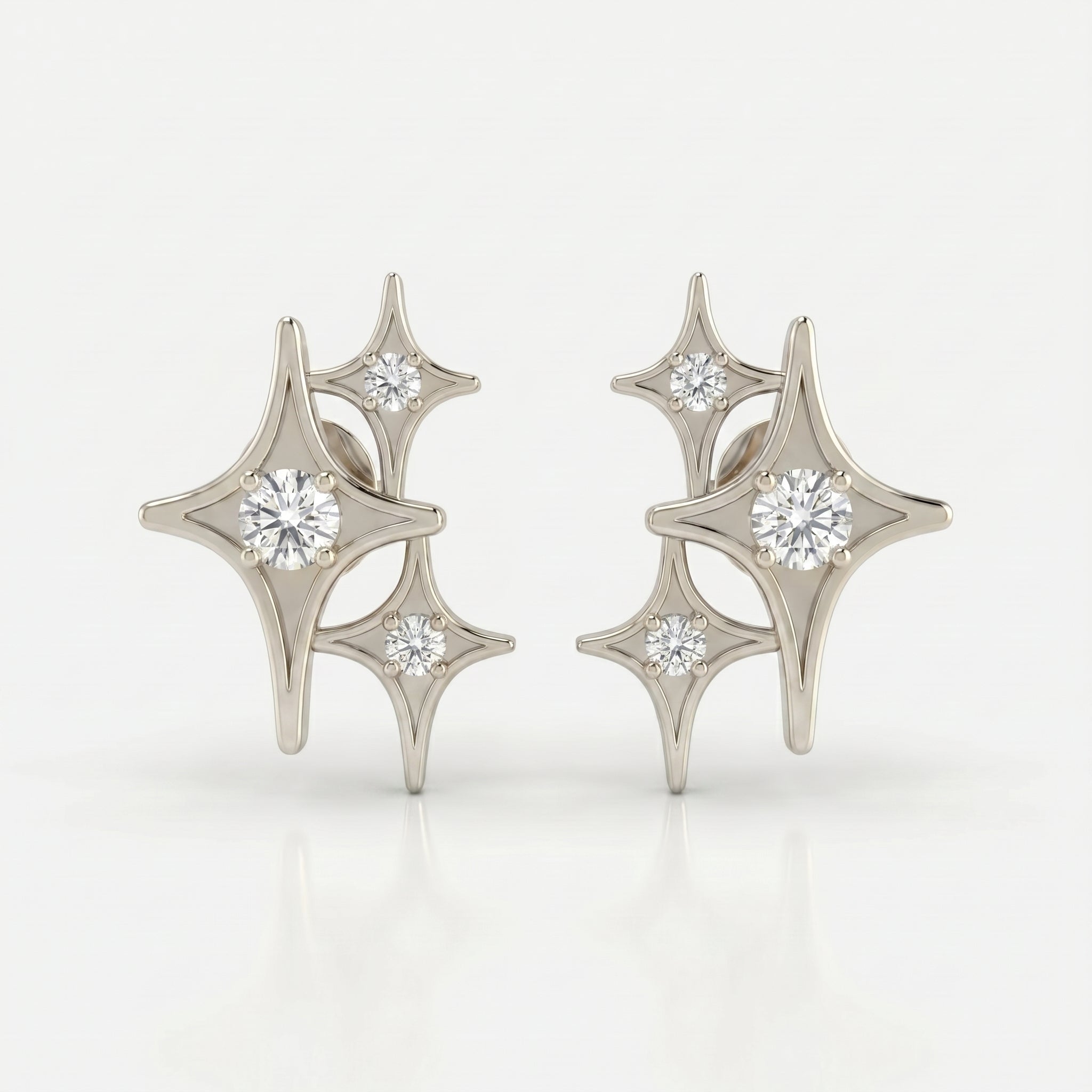 Luxury starburst stud earrings in White gold with brilliant cut stones at 45 degree angle view