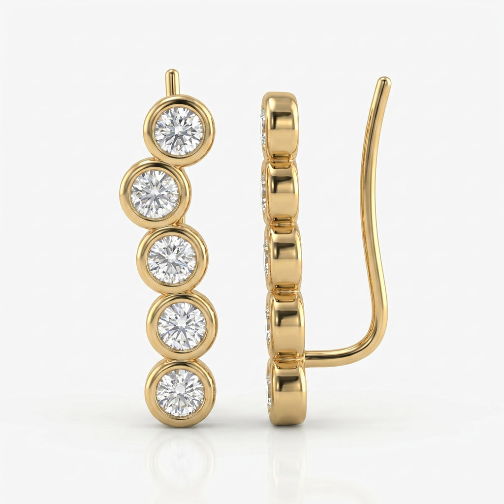 Minimalist yellow gold diamond ear climber earrings with bezel-set round diamonds on white background