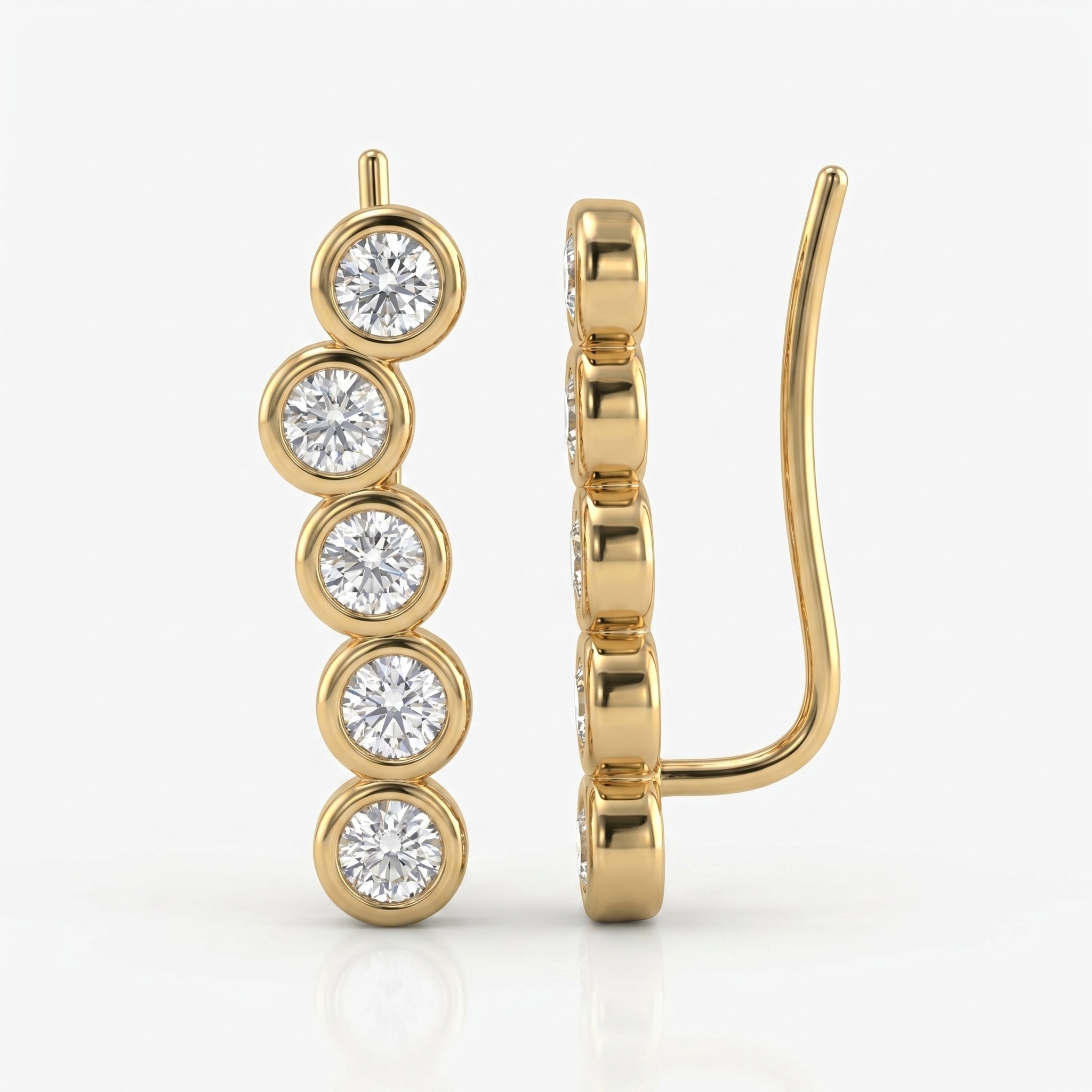 Minimalist yellow gold diamond ear climber earrings with bezel-set round diamonds on white background