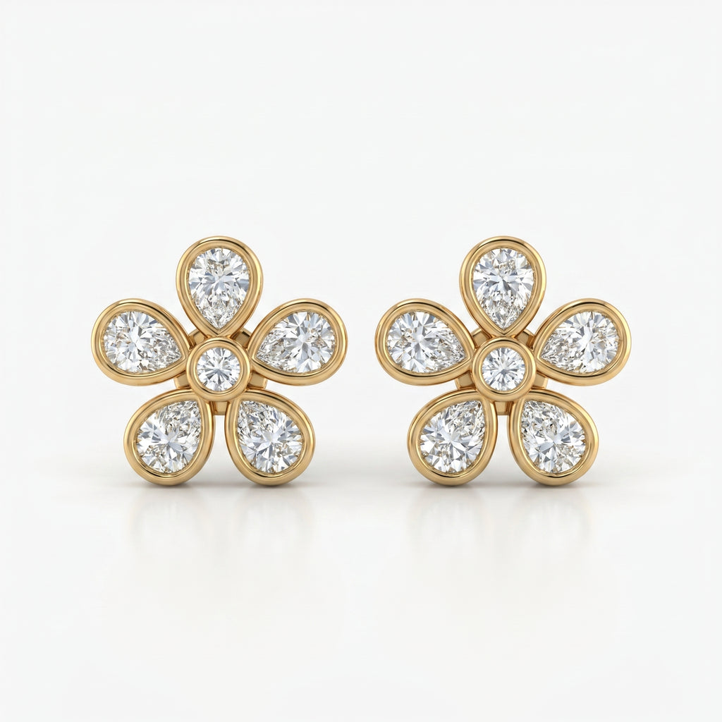 Luxury yellow gold flower diamond stud earrings with bezel-set pear and round cut diamonds on white background