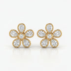 Luxury yellow gold flower diamond stud earrings with bezel-set pear and round cut diamonds on white background