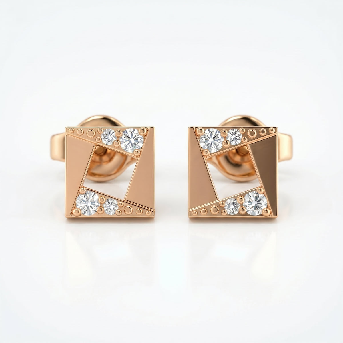 Minimalist rose gold geometric stud earrings with brilliant diamonds and modern square open-frame design
