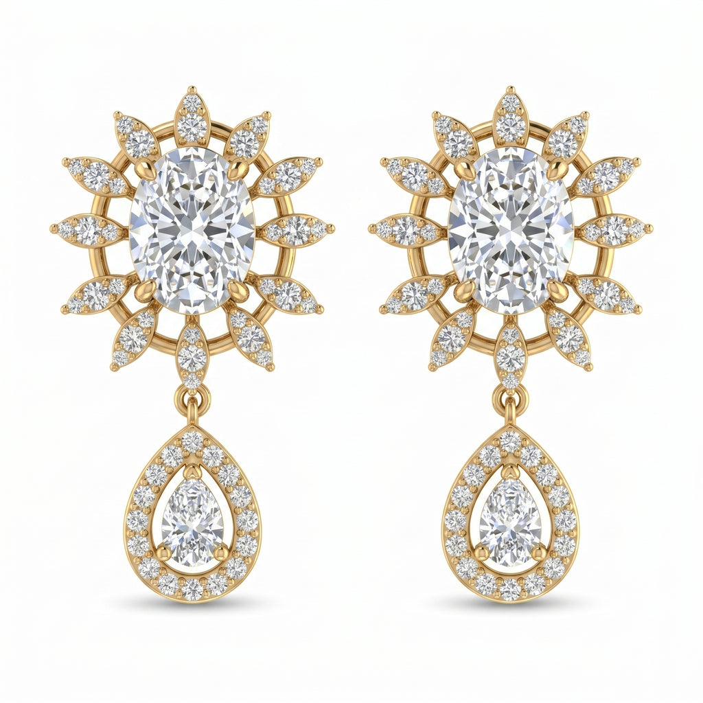 Luxury yellow gold oval diamond drop earrings with sunburst halo and pear-cut dangle for bridal and occasion wear