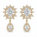 Luxury yellow gold oval diamond drop earrings with sunburst halo and pear-cut dangle for bridal and occasion wear