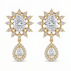 Luxury yellow gold oval diamond drop earrings with sunburst halo and pear-cut dangle for bridal and occasion wear