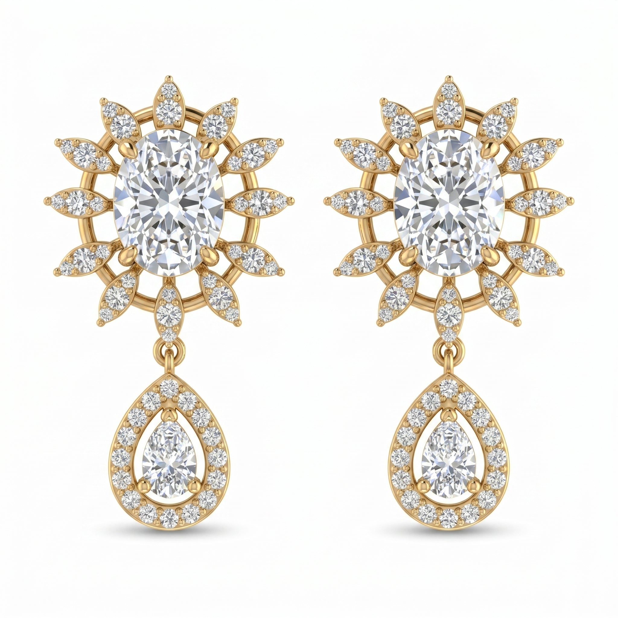 Luxury yellow gold oval diamond drop earrings with sunburst halo and pear-cut dangle for bridal and occasion wear