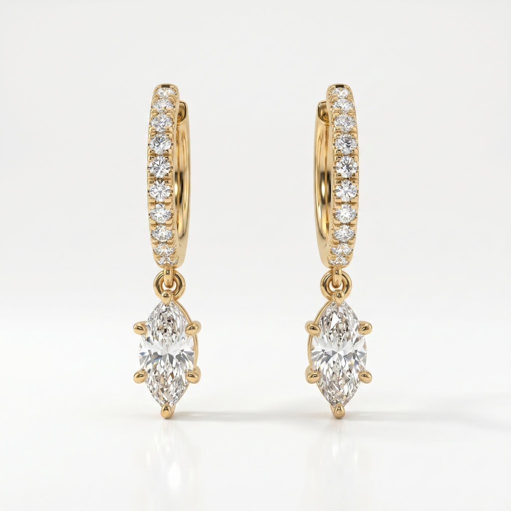 Yellow gold marquise diamond drop hoop earrings with pavé-set diamonds on clean white background