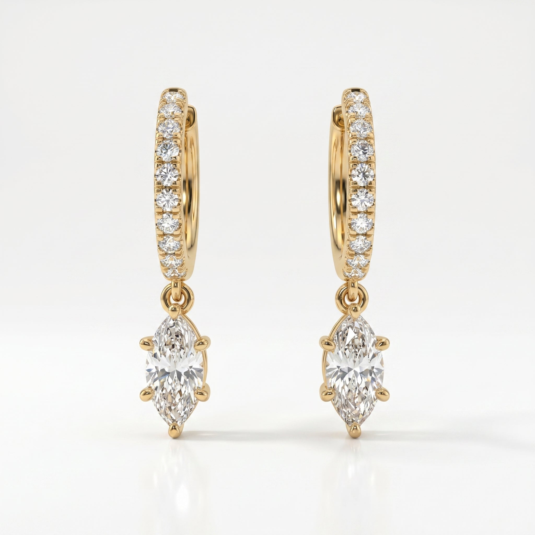 Yellow gold marquise diamond drop hoop earrings with pavé-set diamonds on clean white background