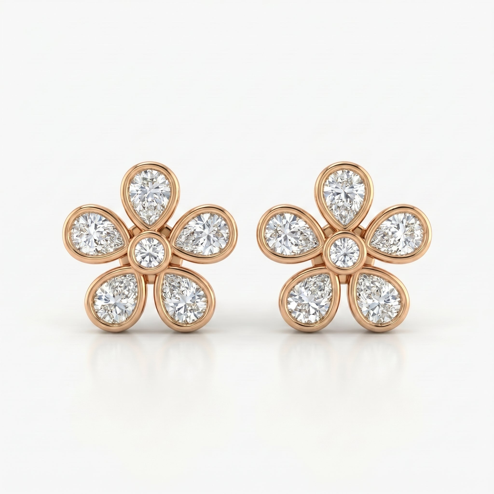 Rose gold diamond flower stud earrings with pear-cut petals and round center diamond on white background