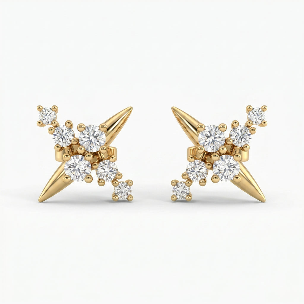 Luxury yellow gold starburst stud earrings with round diamonds on white background, modern fine jewelry design
