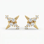 Luxury yellow gold starburst stud earrings with round diamonds on white background, modern fine jewelry design