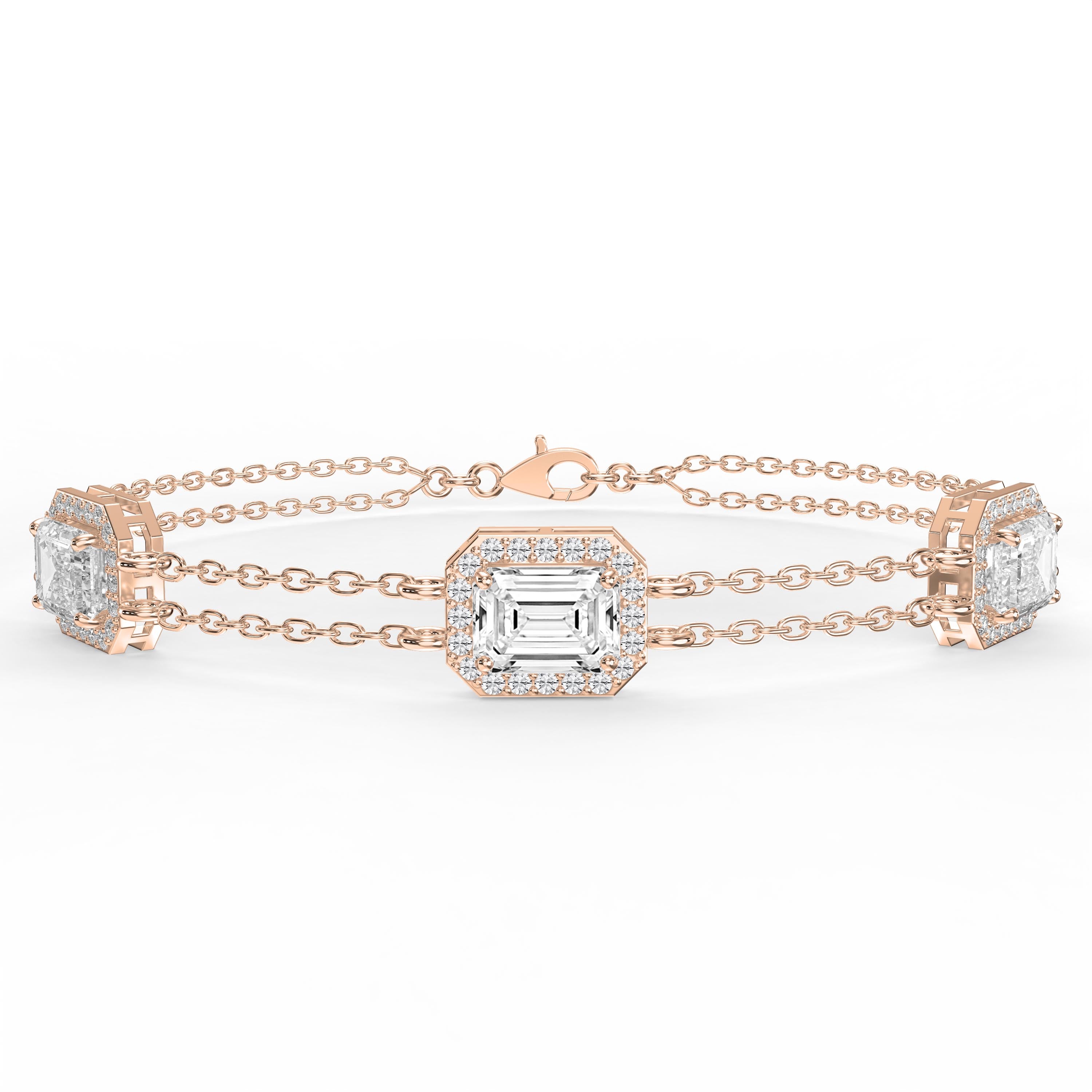 Emerald Cut Halo Diamond Double Chain Design Bracelet