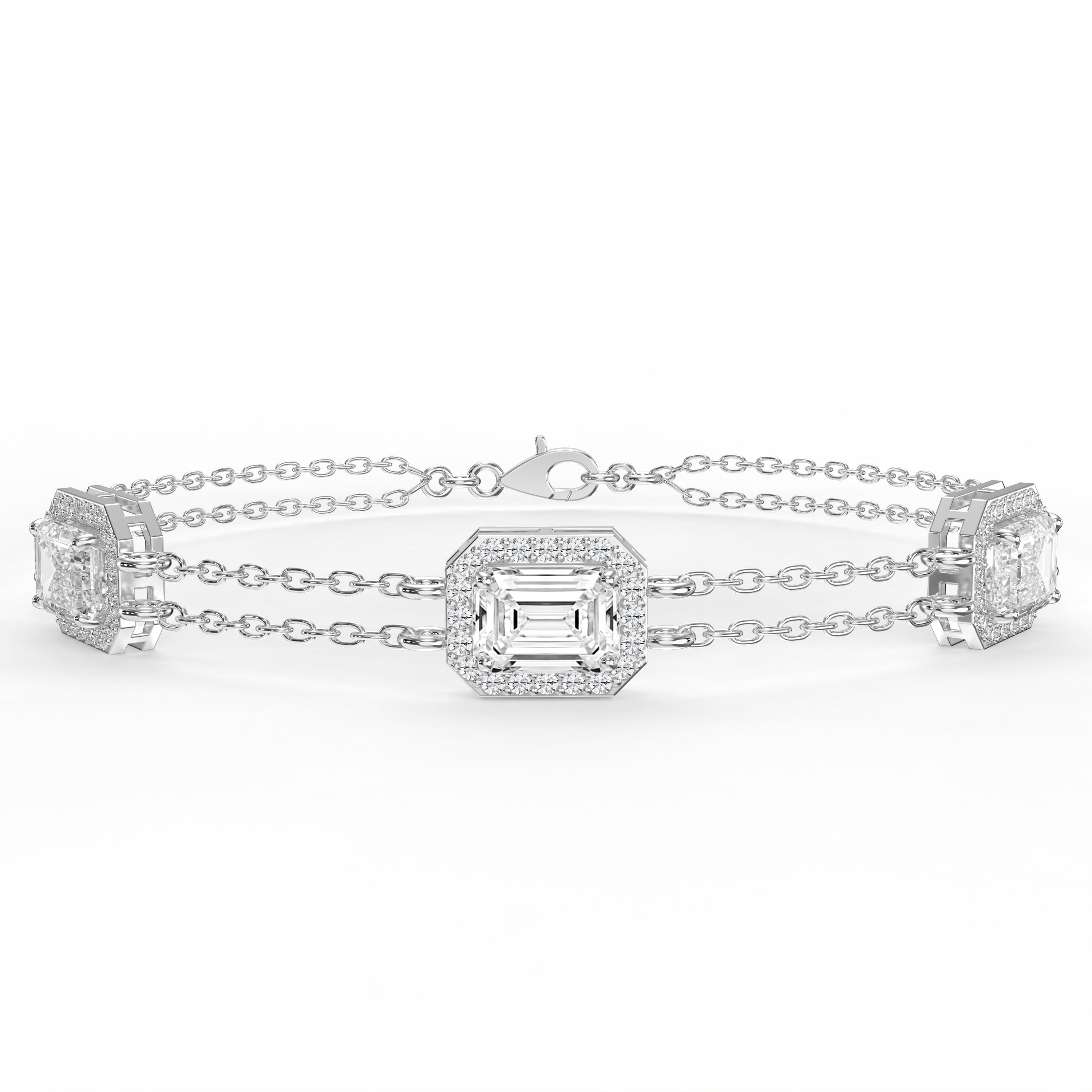 Emerald Cut Halo Diamond Double Chain Design Bracelet