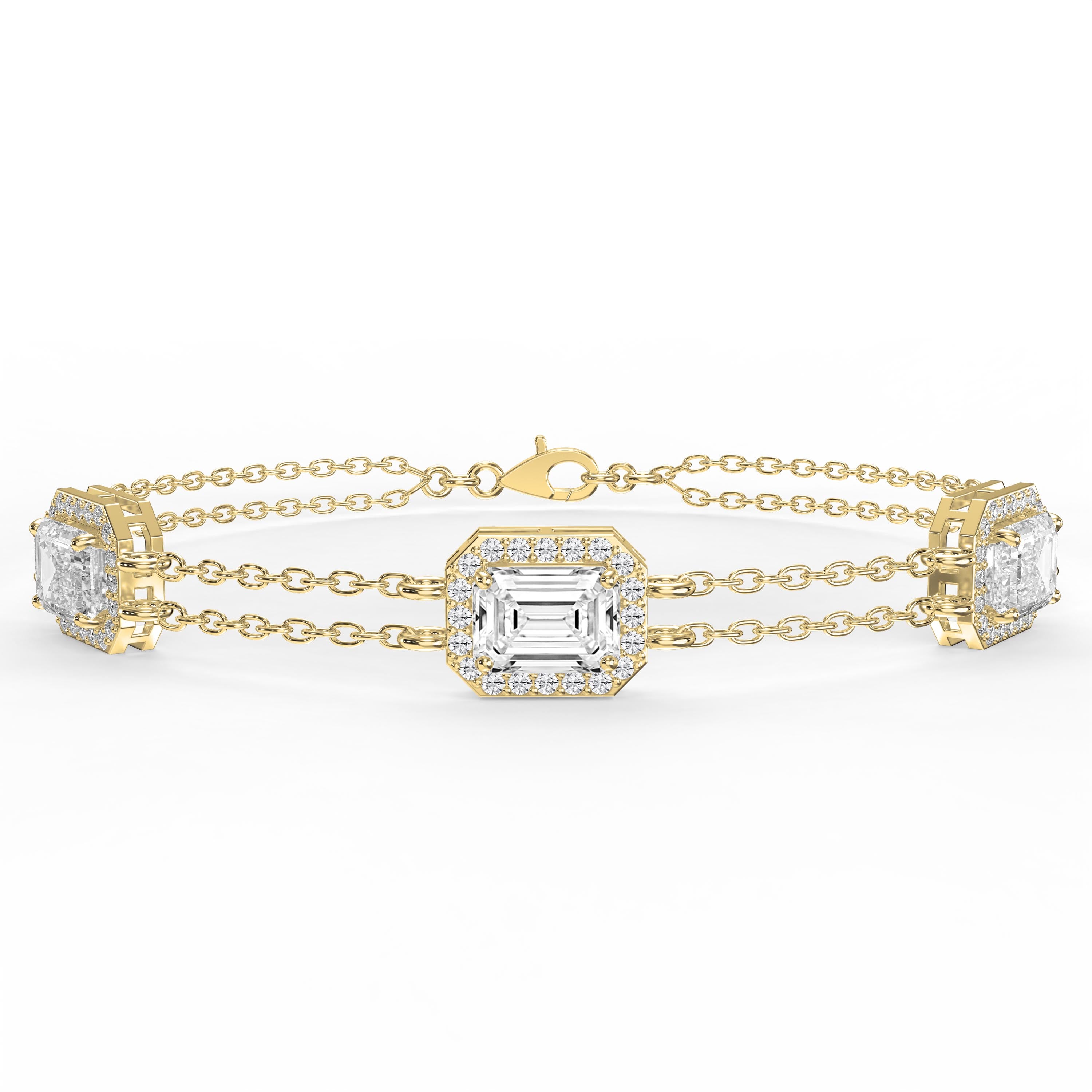Emerald Cut Halo Diamond Double Chain Design Bracelet