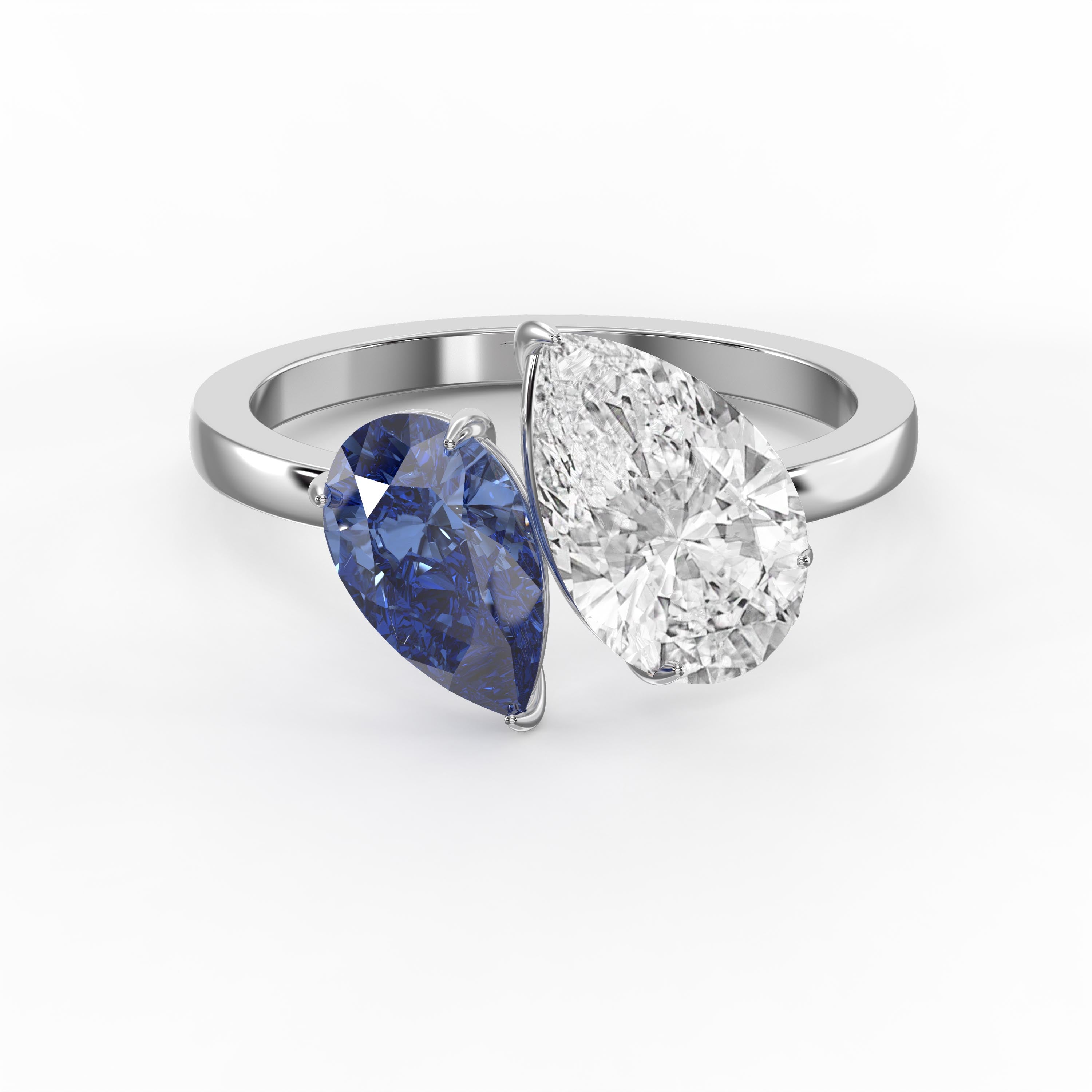 Luxury Toi et Moi Ring with Blue Sapphire and Pear Shape Diamond