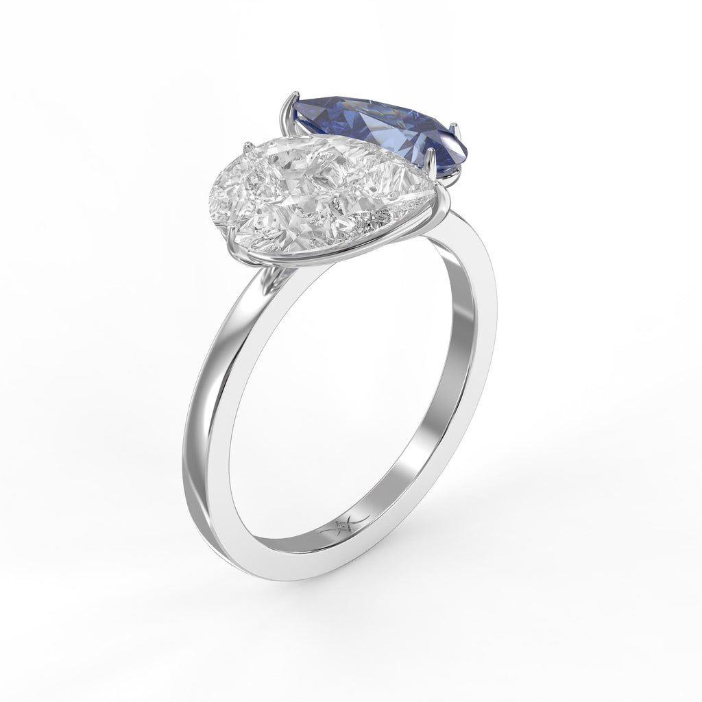 Luxury Toi et Moi Ring with Blue Sapphire and Pear Shape Diamond