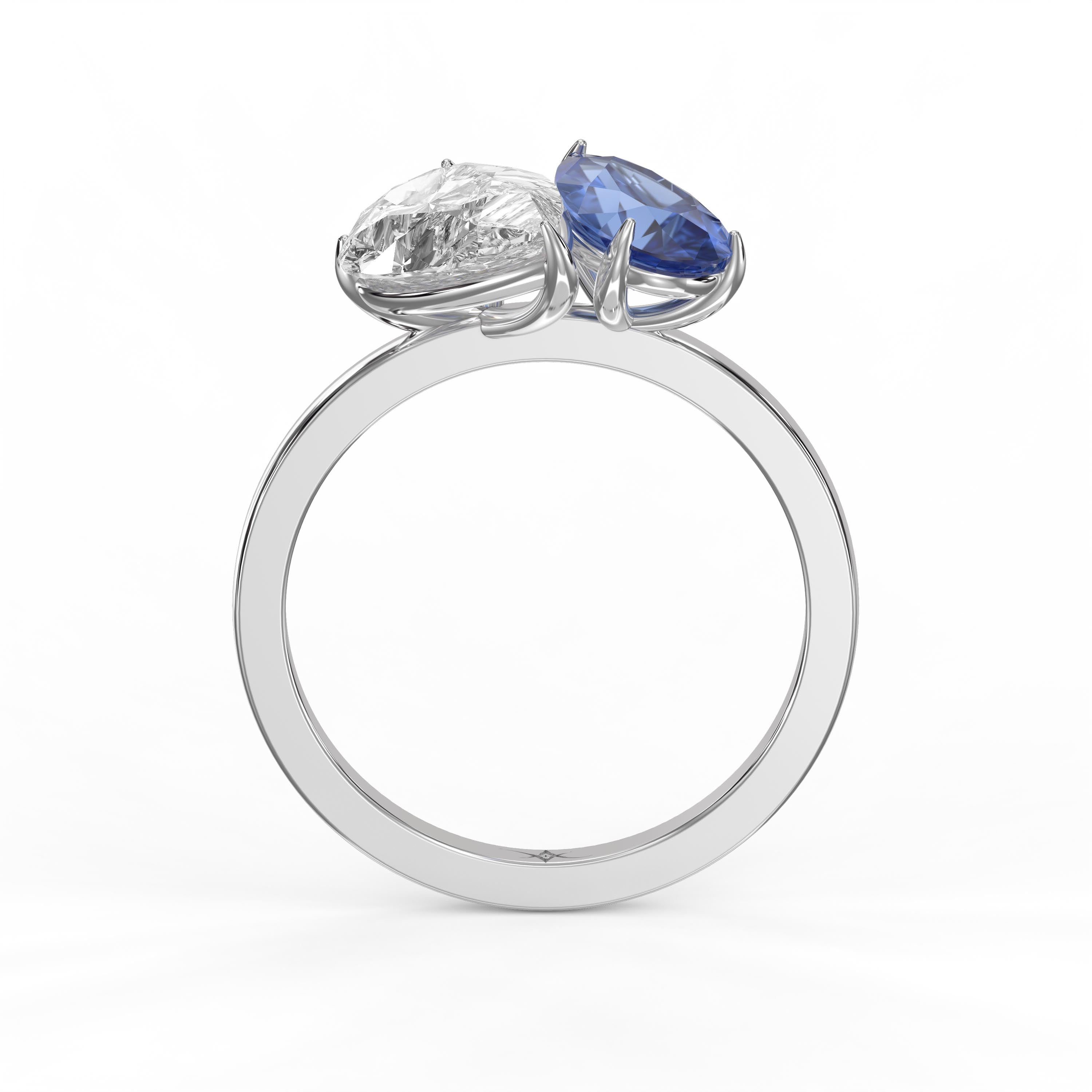 Luxury Toi et Moi Ring with Blue Sapphire and Pear Shape Diamond