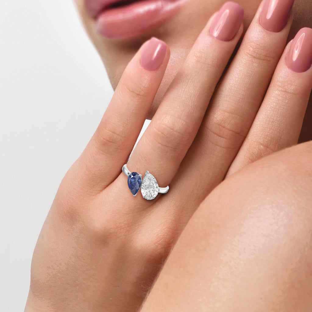 Luxury Toi et Moi Ring with Blue Sapphire and Pear Shape Diamond