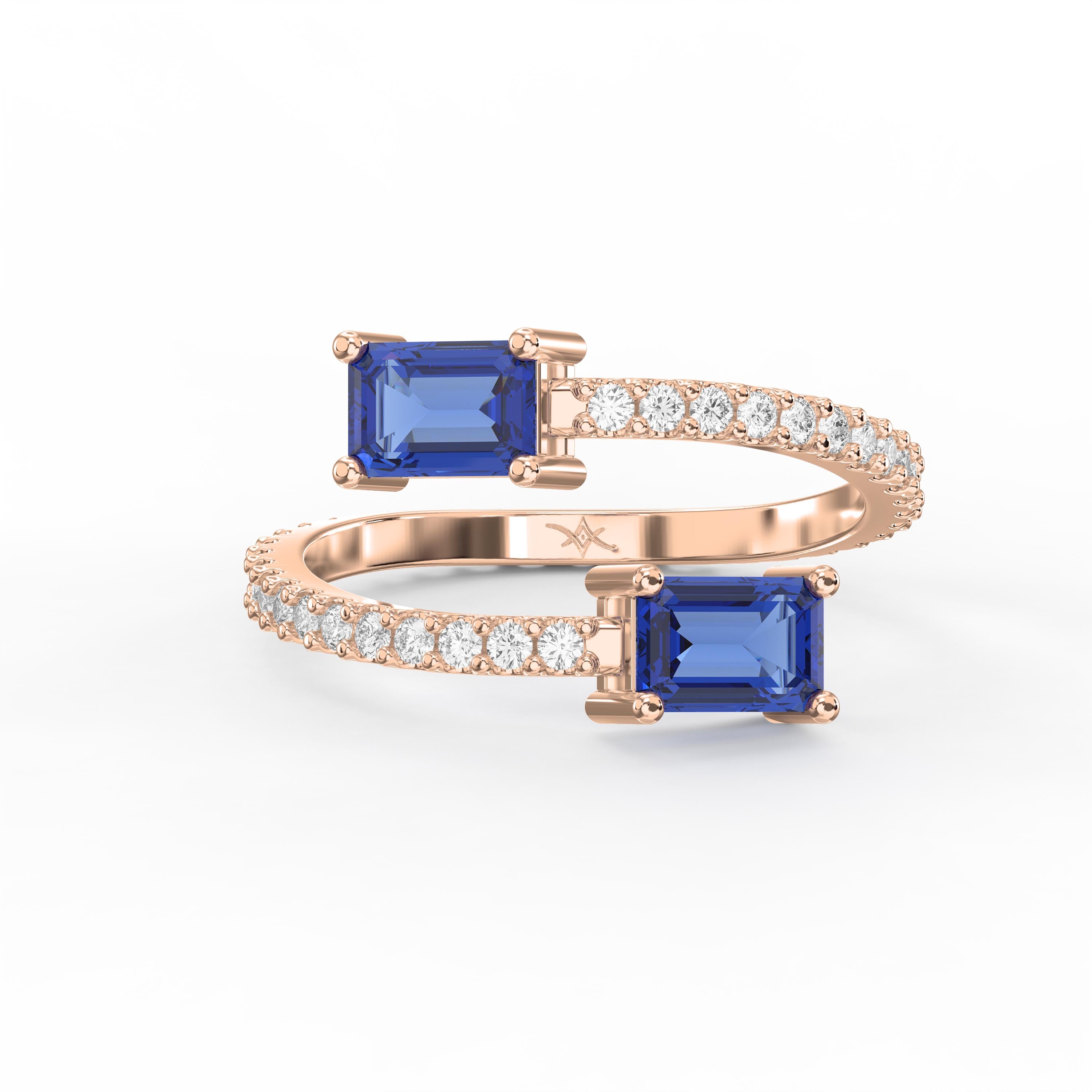 Emerald Cut Blue Sapphire Double Stone Pave Wrap Ring