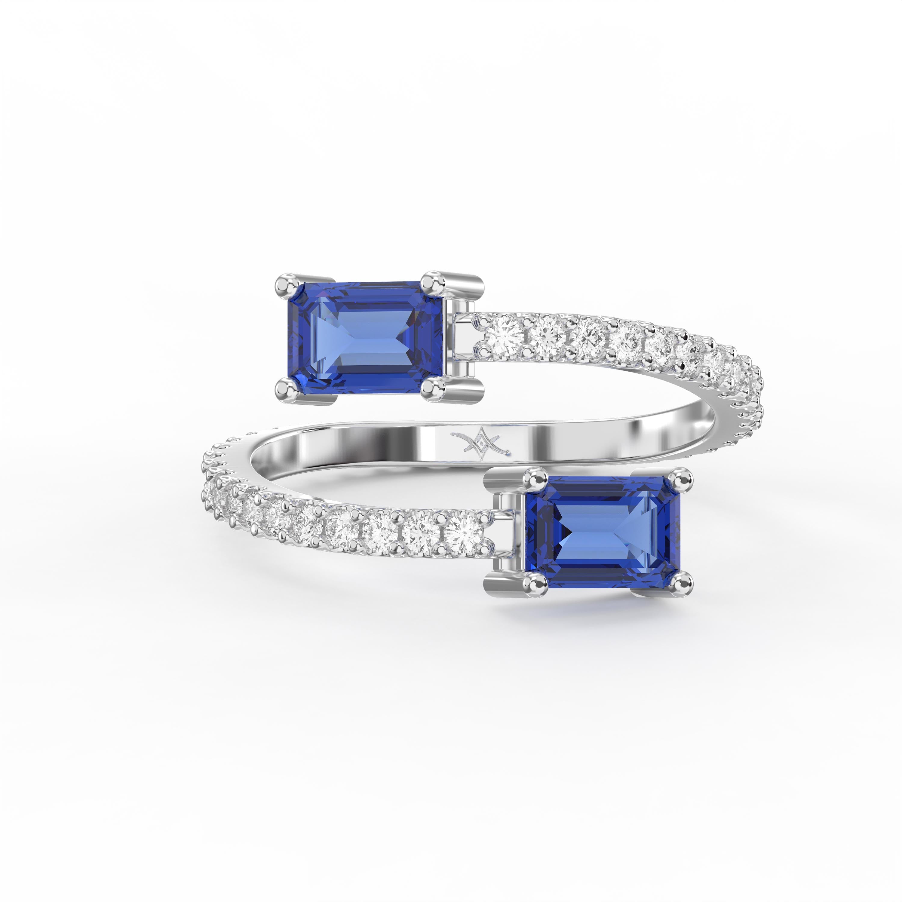 Emerald Cut Blue Sapphire Double Stone Pave Wrap Ring
