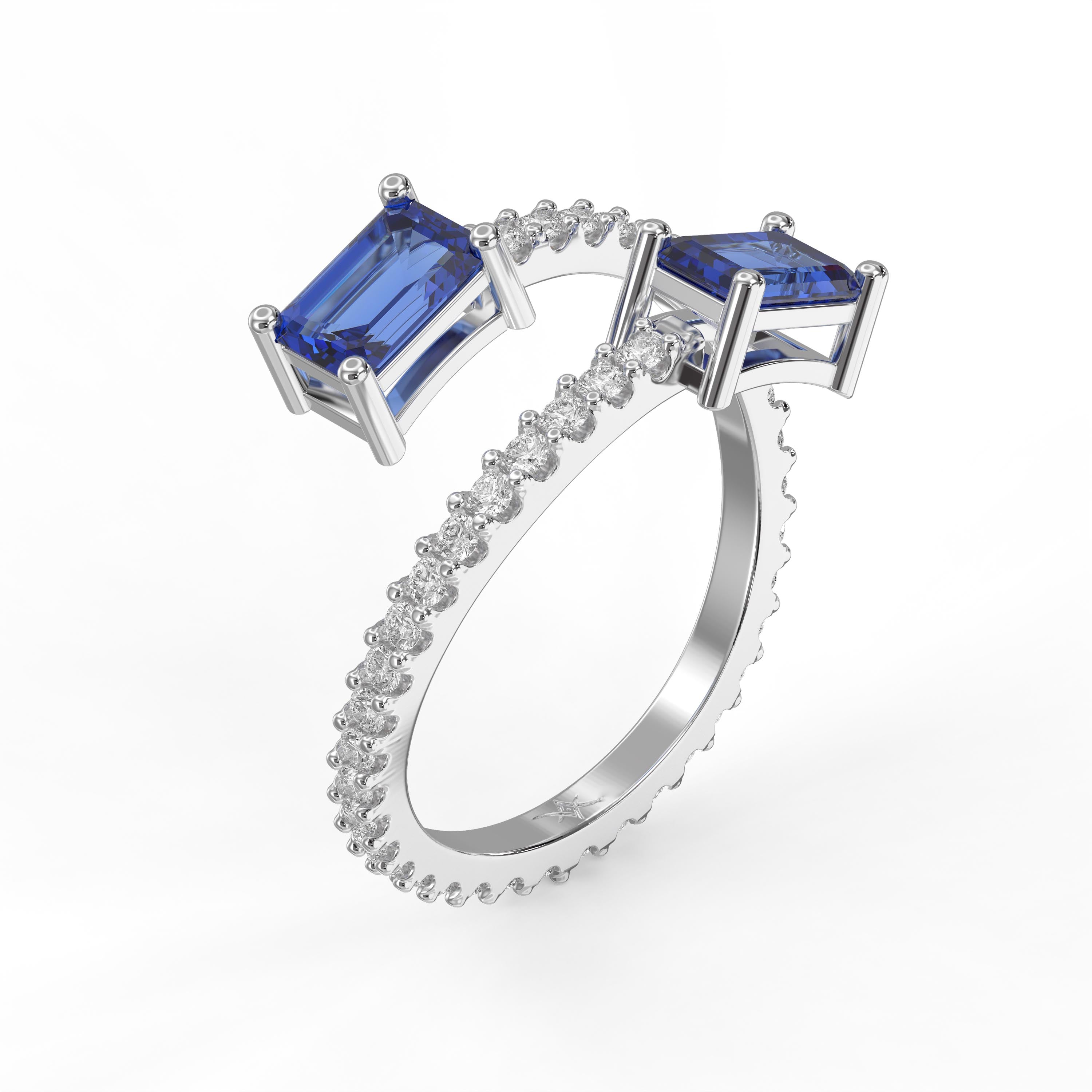 Emerald Cut Blue Sapphire Double Stone Pave Wrap Ring