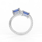 Emerald Cut Blue Sapphire Double Stone Pave Wrap Ring
