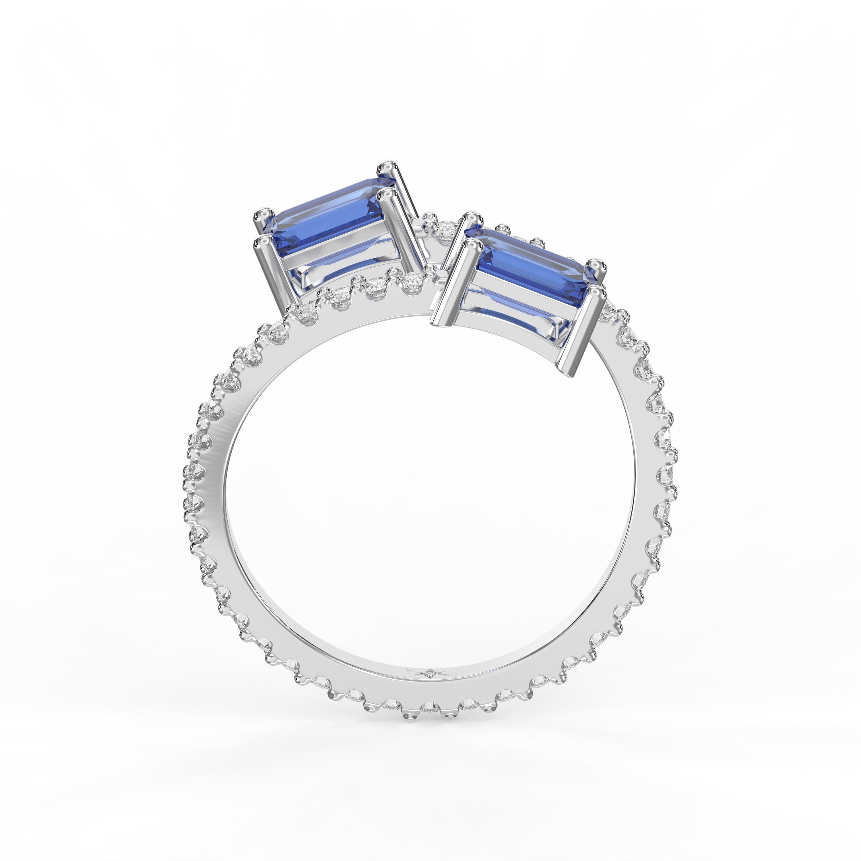 Emerald Cut Blue Sapphire Double Stone Pave Wrap Ring