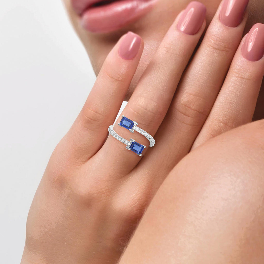 Emerald Cut Blue Sapphire Double Stone Pave Wrap Ring