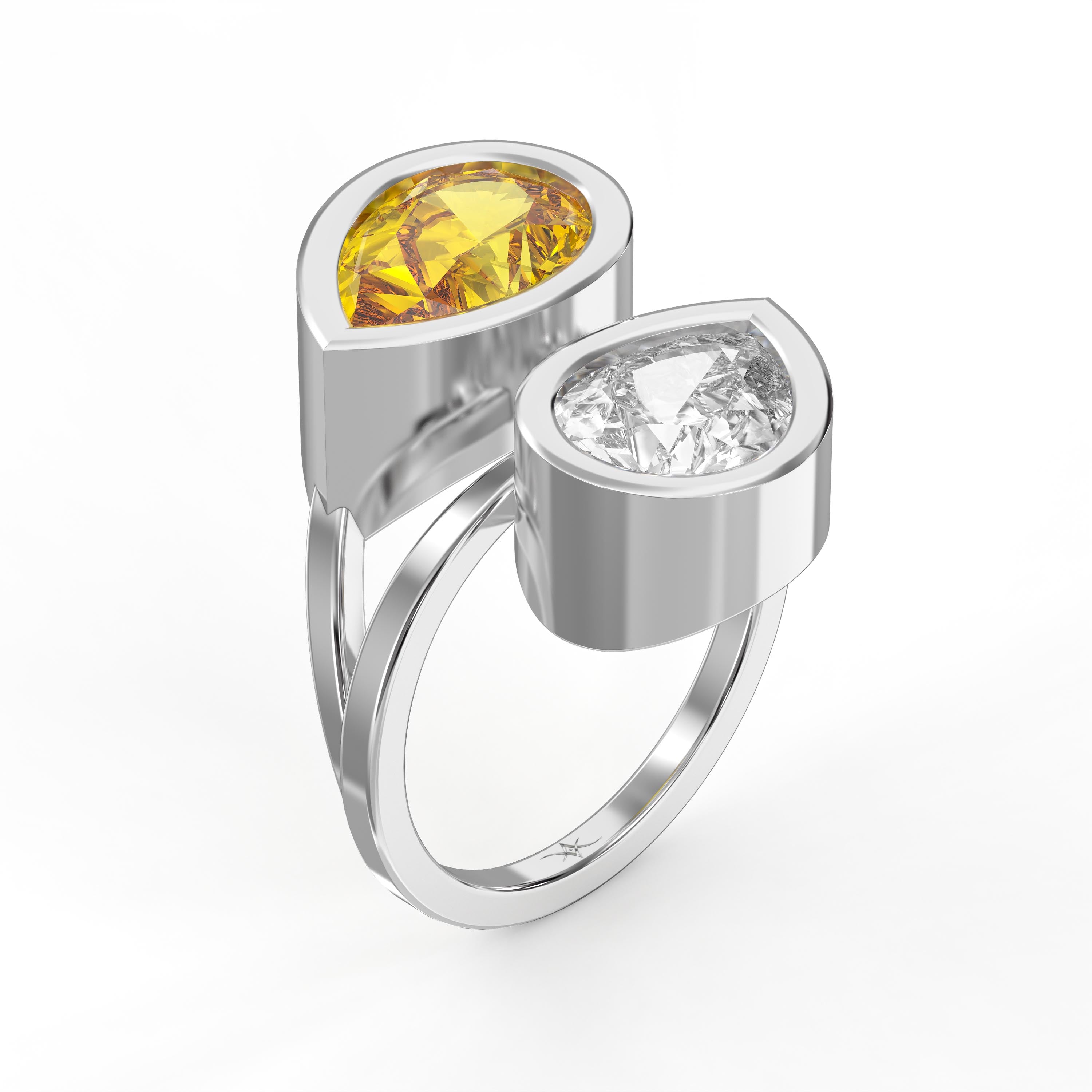 Elegant Two Stone Yellow Sapphire & Pear Cut Diamond Toi et Moi Ring