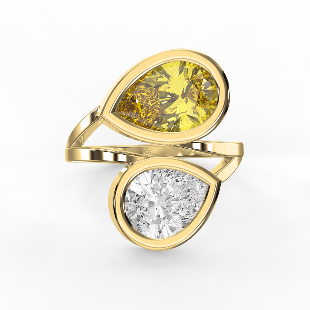 Elegant Two Stone Yellow Sapphire & Pear Cut Diamond Toi et Moi Ring