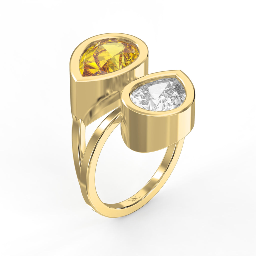 Elegant Two Stone Yellow Sapphire & Pear Cut Diamond Toi et Moi Ring