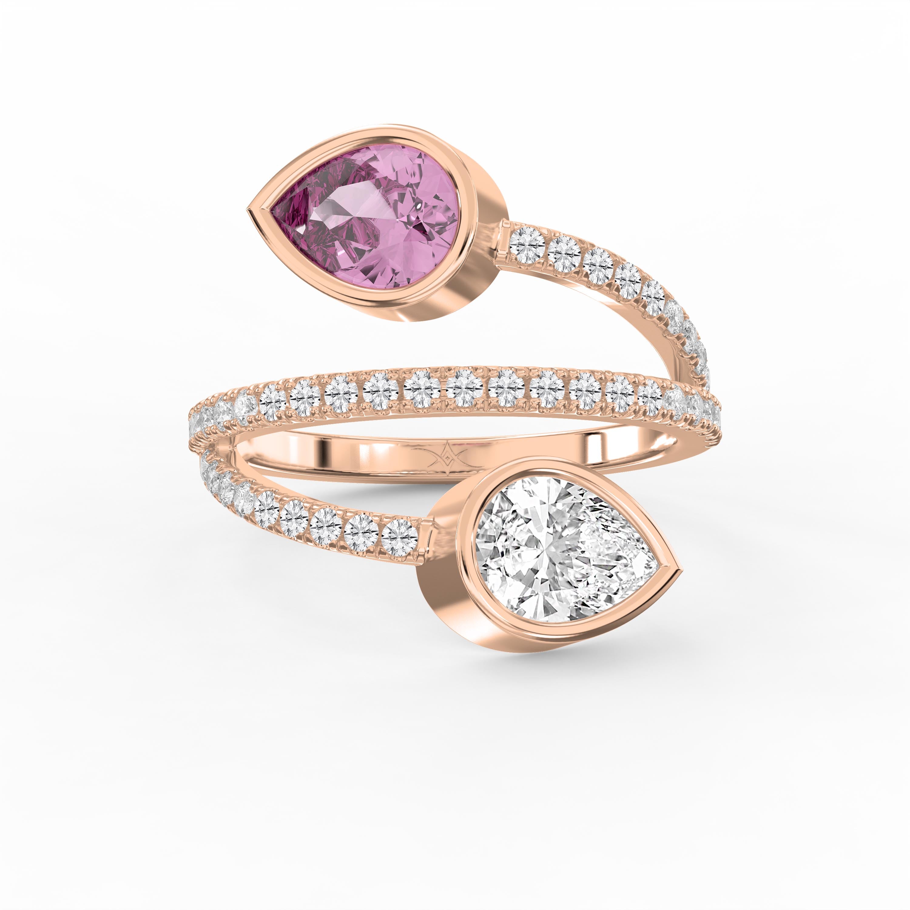 Elegant Wrap Style Dual Pear Shape Diamond Ring with Pink Gemstone |
