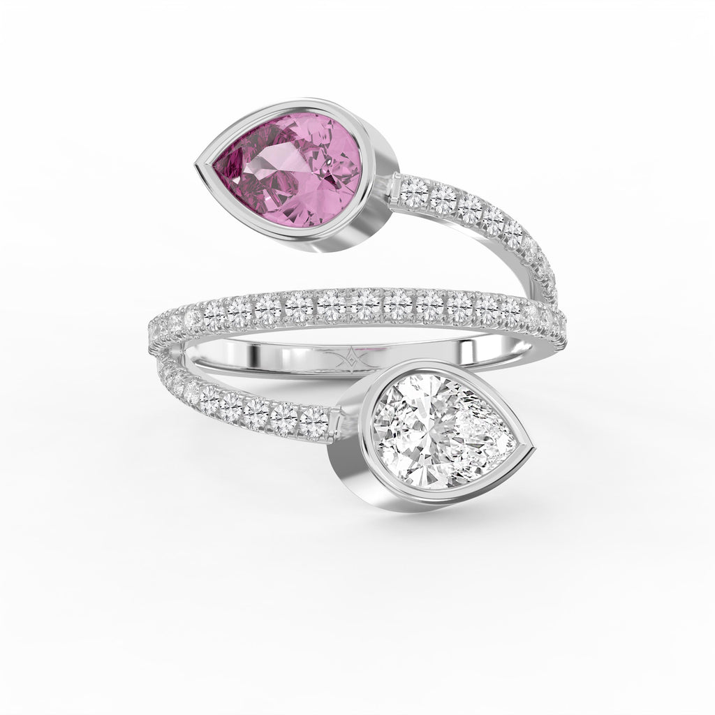 Elegant Wrap Style Dual Pear Shape Diamond Ring with Pink Gemstone |