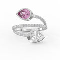 Elegant Wrap Style Dual Pear Shape Diamond Ring with Pink Gemstone |